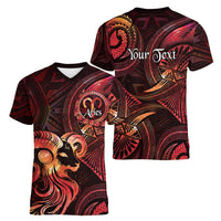 Personalised Polynesia Zodiac Aries Women V-Neck T-Shirt Galaxy Polynesian Pattern Chest Tattoo Style
