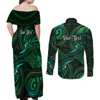 Personalised Polynesia Zodiac Taurus Couples Matching Off Shoulder Maxi Dress and Long Sleeve Button Shirt Galaxy Polynesian Pattern Chest Tattoo Style