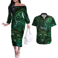 Personalised Polynesia Zodiac Taurus Couples Matching Off The Shoulder Long Sleeve Dress and Hawaiian Shirt Galaxy Polynesian Pattern Chest Tattoo Style LT14 Green - Polynesian Pride
