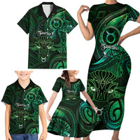 Personalised Polynesia Zodiac Taurus Family Matching Short Sleeve Bodycon Dress and Hawaiian Shirt Galaxy Polynesian Pattern Chest Tattoo Style
