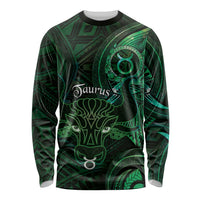 Personalised Polynesia Zodiac Taurus Long Sleeve Shirt Galaxy Polynesian Pattern Chest Tattoo Style LT14 Unisex Green - Polynesian Pride