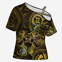 Personalised Polynesia Zodiac Gemini Cross Shoulder Shirt Galaxy Polynesian Pattern Chest Tattoo Style LT14 Female Yellow - Polynesian Pride