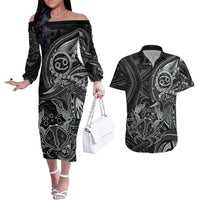 Personalised Polynesia Zodiac Cancer Couples Matching Off The Shoulder Long Sleeve Dress and Hawaiian Shirt Galaxy Polynesian Pattern Chest Tattoo Style LT14 Black - Polynesian Pride
