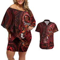 Personalised Polynesia Zodiac Scorpio Couples Matching Off Shoulder Short Dress and Hawaiian Shirt Galaxy Polynesian Pattern Chest Tattoo Style LT14 Red - Polynesian Pride