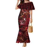 Personalised Polynesia Zodiac Scorpio Family Matching Mermaid Dress and Hawaiian Shirt Galaxy Polynesian Pattern Chest Tattoo Style LT14 Mom's Dress Red - Polynesian Pride