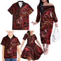 Personalised Polynesia Zodiac Scorpio Family Matching Off The Shoulder Long Sleeve Dress and Hawaiian Shirt Galaxy Polynesian Pattern Chest Tattoo Style