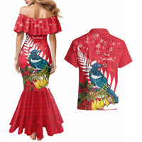 New Zealand Christmas In July Couples Matching Mermaid Dress and Hawaiian Shirt Tui Bird With Kowhai Meri Kirihimete LT14 - Polynesian Pride