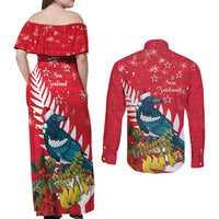 New Zealand Christmas In July Couples Matching Off Shoulder Maxi Dress and Long Sleeve Button Shirt Tui Bird With Kowhai Meri Kirihimete