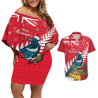 New Zealand Christmas In July Couples Matching Off Shoulder Short Dress and Hawaiian Shirt Tui Bird With Kowhai Meri Kirihimete LT14 Red - Polynesian Pride