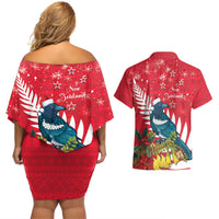 New Zealand Christmas In July Couples Matching Off Shoulder Short Dress and Hawaiian Shirt Tui Bird With Kowhai Meri Kirihimete LT14 - Polynesian Pride