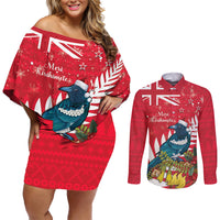 New Zealand Christmas In July Couples Matching Off Shoulder Short Dress and Long Sleeve Button Shirt Tui Bird With Kowhai Meri Kirihimete