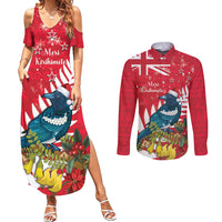 New Zealand Christmas In July Couples Matching Summer Maxi Dress and Long Sleeve Button Shirt Tui Bird With Kowhai Meri Kirihimete LT14 Red - Polynesian Pride