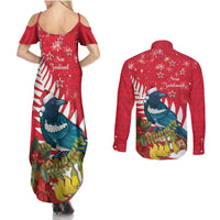 New Zealand Christmas In July Couples Matching Summer Maxi Dress and Long Sleeve Button Shirt Tui Bird With Kowhai Meri Kirihimete