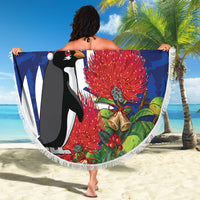 New Zealand Christmas In July Beach Blanket Fiordland Penguin With Pohutukawa Flower