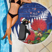 New Zealand Christmas In July Beach Blanket Fiordland Penguin With Pohutukawa Flower