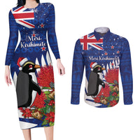 New Zealand Christmas In July Couples Matching Long Sleeve Bodycon Dress and Long Sleeve Button Shirt Fiordland Penguin With Pohutukawa Flower