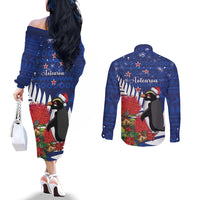 New Zealand Christmas In July Couples Matching Off The Shoulder Long Sleeve Dress and Long Sleeve Button Shirt Fiordland Penguin With Pohutukawa Flower