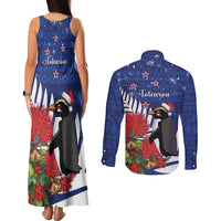 New Zealand Christmas In July Couples Matching Tank Maxi Dress and Long Sleeve Button Shirt Fiordland Penguin With Pohutukawa Flower