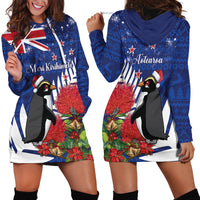 New Zealand Christmas In July Hoodie Dress Fiordland Penguin With Pohutukawa Flower
