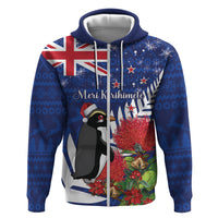 New Zealand Christmas In July Zip Hoodie Fiordland Penguin With Pohutukawa Flower