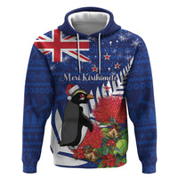 New Zealand Christmas In July Zip Hoodie Fiordland Penguin With Pohutukawa Flower