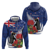 New Zealand Christmas In July Zip Hoodie Fiordland Penguin With Pohutukawa Flower