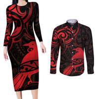 New Zealand Tui Bird Couples Matching Long Sleeve Bodycon Dress and Long Sleeve Button Shirt Aotearoa Maori Pattern - Red