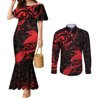 New Zealand Tui Bird Couples Matching Mermaid Dress and Long Sleeve Button Shirt Aotearoa Maori Pattern - Red LT14 Red - Polynesian Pride