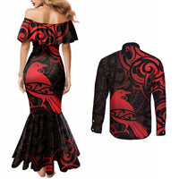 New Zealand Tui Bird Couples Matching Mermaid Dress and Long Sleeve Button Shirt Aotearoa Maori Pattern - Red LT14 - Polynesian Pride