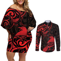 New Zealand Tui Bird Couples Matching Off Shoulder Short Dress and Long Sleeve Button Shirt Aotearoa Maori Pattern - Red LT14 Red - Polynesian Pride