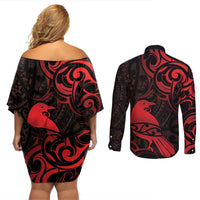 New Zealand Tui Bird Couples Matching Off Shoulder Short Dress and Long Sleeve Button Shirt Aotearoa Maori Pattern - Red LT14 - Polynesian Pride
