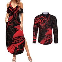 New Zealand Tui Bird Couples Matching Summer Maxi Dress and Long Sleeve Button Shirt Aotearoa Maori Pattern - Red LT14 Red - Polynesian Pride