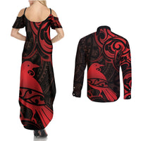 New Zealand Tui Bird Couples Matching Summer Maxi Dress and Long Sleeve Button Shirt Aotearoa Maori Pattern - Red LT14 - Polynesian Pride