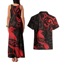 New Zealand Tui Bird Couples Matching Tank Maxi Dress and Hawaiian Shirt Aotearoa Maori Pattern - Red