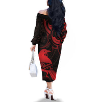 New Zealand Tui Bird Family Matching Off The Shoulder Long Sleeve Dress and Hawaiian Shirt Aotearoa Maori Pattern - Red