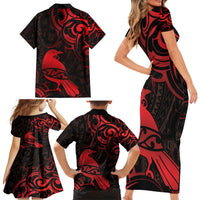 New Zealand Tui Bird Family Matching Short Sleeve Bodycon Dress and Hawaiian Shirt Aotearoa Maori Pattern - Red