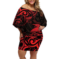New Zealand Tui Bird Off Shoulder Short Dress Aotearoa Maori Pattern - Red LT14 Women Red - Polynesian Pride