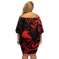 New Zealand Tui Bird Off Shoulder Short Dress Aotearoa Maori Pattern - Red LT14 - Polynesian Pride