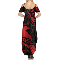 New Zealand Tui Bird Summer Maxi Dress Aotearoa Maori Pattern - Red LT14 - Polynesian Pride