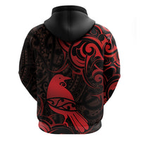New Zealand Tui Bird Zip Hoodie Aotearoa Maori Pattern - Red