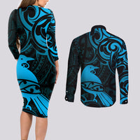 New Zealand Tui Bird Couples Matching Long Sleeve Bodycon Dress and Long Sleeve Button Shirt Aotearoa Maori Pattern - Blue