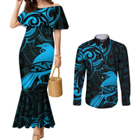 New Zealand Tui Bird Couples Matching Mermaid Dress and Long Sleeve Button Shirt Aotearoa Maori Pattern - Blue LT14 Blue - Polynesian Pride