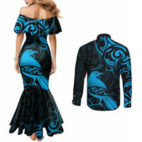 New Zealand Tui Bird Couples Matching Mermaid Dress and Long Sleeve Button Shirt Aotearoa Maori Pattern - Blue LT14 - Polynesian Pride
