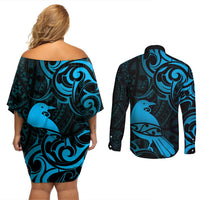 New Zealand Tui Bird Couples Matching Off Shoulder Short Dress and Long Sleeve Button Shirt Aotearoa Maori Pattern - Blue