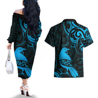 New Zealand Tui Bird Couples Matching Off The Shoulder Long Sleeve Dress and Hawaiian Shirt Aotearoa Maori Pattern - Blue