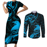 New Zealand Tui Bird Couples Matching Short Sleeve Bodycon Dress and Long Sleeve Button Shirt Aotearoa Maori Pattern - Blue