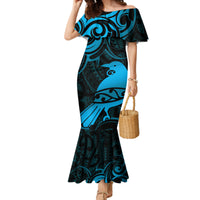 New Zealand Tui Bird Family Matching Mermaid Dress and Hawaiian Shirt Aotearoa Maori Pattern - Blue