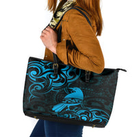 New Zealand Tui Bird Leather Tote Bag Aotearoa Maori Pattern - Blue