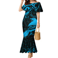 New Zealand Tui Bird Mermaid Dress Aotearoa Maori Pattern - Blue LT14 Women Blue - Polynesian Pride