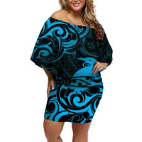 New Zealand Tui Bird Off Shoulder Short Dress Aotearoa Maori Pattern - Blue LT14 Women Blue - Polynesian Pride